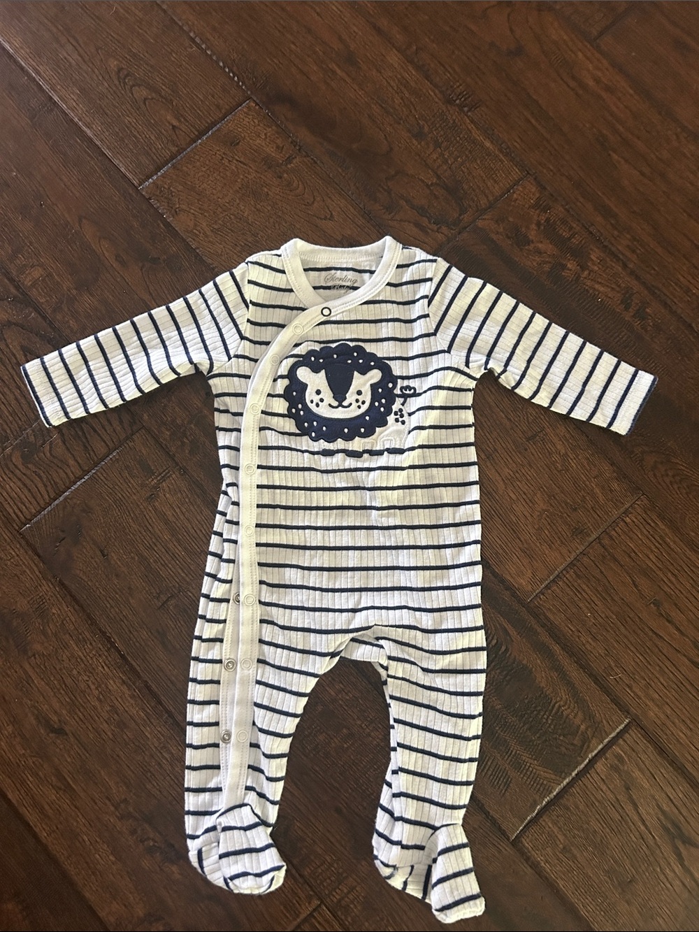 Striped Navy & White Footed One-Piece with Lion Graphic